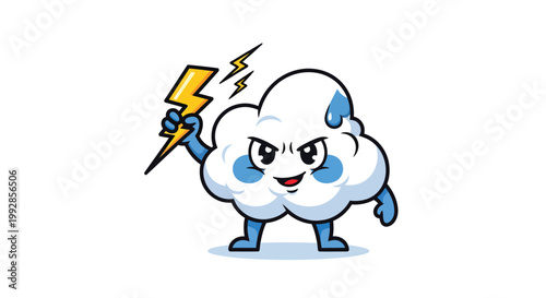 A cartoon cloud character holding a lightning bolt with a fierce expression