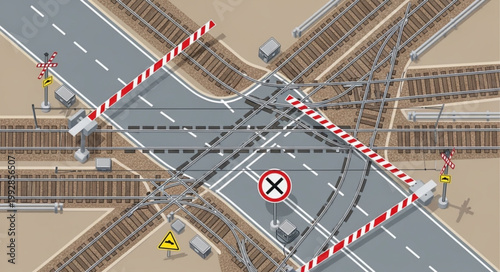 Railway crossing with barriers and traffic signals.