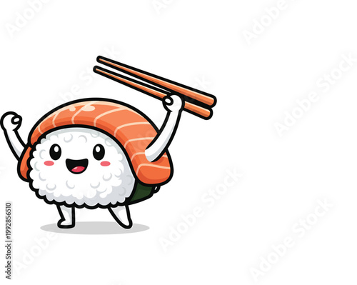 A cartoon sushi character holding chopsticks and smiling cheerfully with a playful expression.