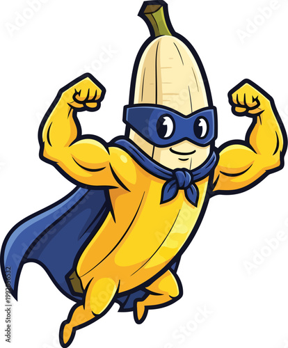 A cartoon banana dressed as a superhero with a cape and mask is flexing its muscular arms.