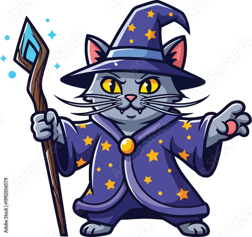 A cartoon cat dressed as a wizard with a magic wand and stars on its robe