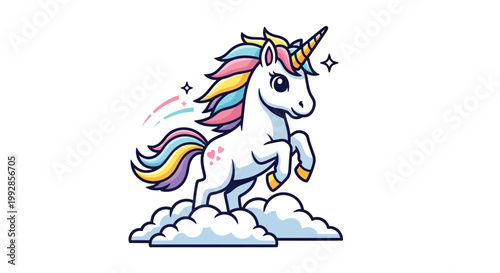 A cartoon unicorn stands on clouds with a rainbow mane and tail, surrounded by sparkles.