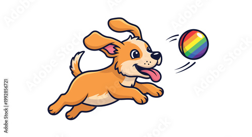 A cartoon dog is running and playing with a rainbow ball in a fun and vibrant scene.
