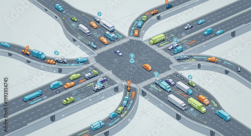 Busy highway interchange with multiple lanes and traffic.