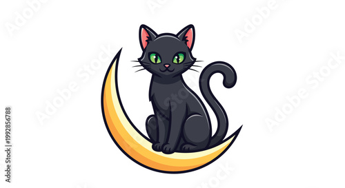 A cartoon black cat sitting on a yellow crescent moon with green eyes