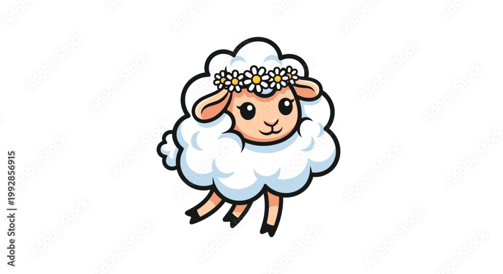 Fototapeta premium A cartoon sheep wearing a flower crown on a white background