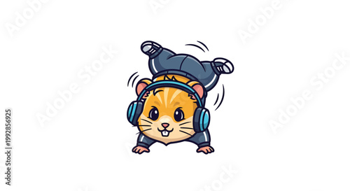 A cartoon hamster wearing headphones and doing a handstand on a white background