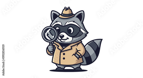 A cartoon raccoon detective wearing a trench coat and hat, holding a magnifying glass