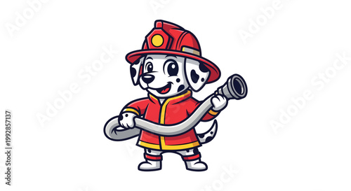 A cartoon dalmatian dog dressed as a firefighter holding a hose