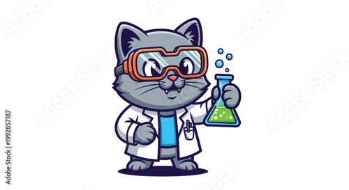 A cartoon cat wearing goggles and a lab coat holds a beaker of green liquid.