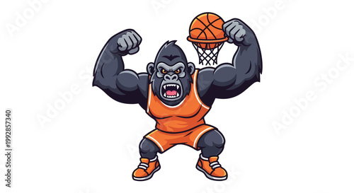 A cartoon gorilla in an orange basketball uniform is dunking a ball into a hoop with a fierce expression