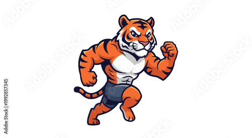 A cartoon tiger in athletic pose with muscular build and determined expression