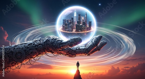 A robotic hand cradles a cityscape within a bubble, a lone figure observes as aurora borealis lights the cloudy sky