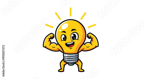 A cartoon lightbulb character flexing its muscular arms with a bright smile