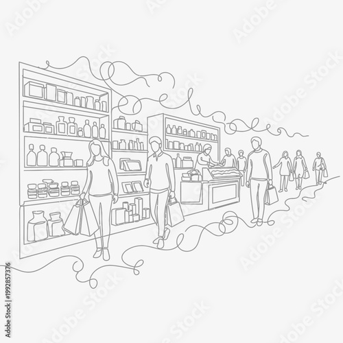 Continuous line drawing of people shopping in a grocery store aisle with shelves and products.