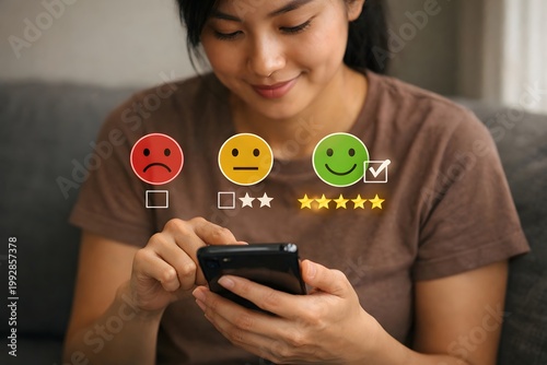 Woman providing feedback on a product using her smartphone with a satisfied expression.