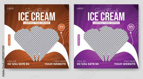 Ice cream social media post design, two color variation, and a delicious treat presentation