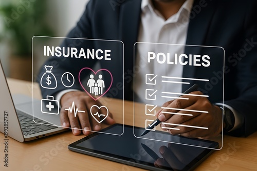 Businessman reviews insurance policies on a digital tablet at a wooden desk in an office.