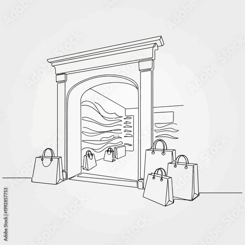 Shopping Bags Outside Store Entrance Archway - Retail Commerce Concept