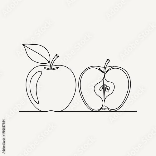 Minimalist Single Line Drawing of a Whole Apple and a Halved Apple with Seeds