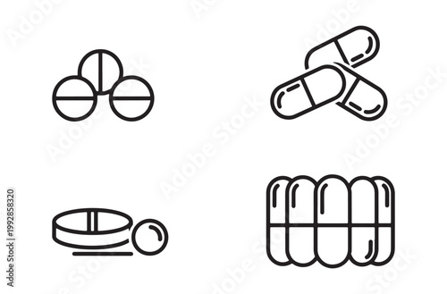 Pill and capsule icons, medical tablet symbols, pharmaceutical drug collection, healthcare and medicine, dosage and treatment