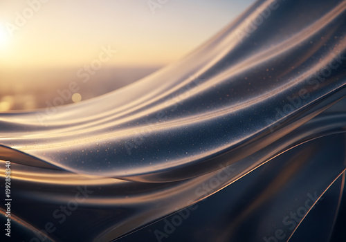 Abstract flowing metallic waves illuminated by a bright golden sunset