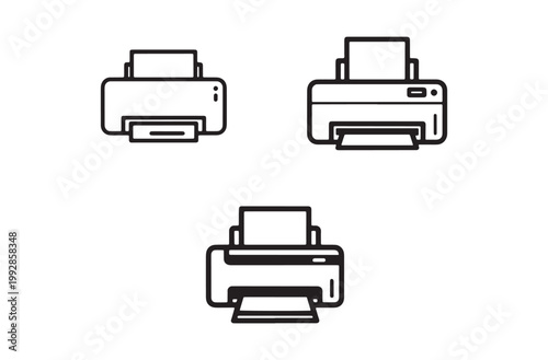 Printer icon set for office equipment document hardware printing technology computer peripheral device electronic scanner copier symbols for workspace and professional business usage