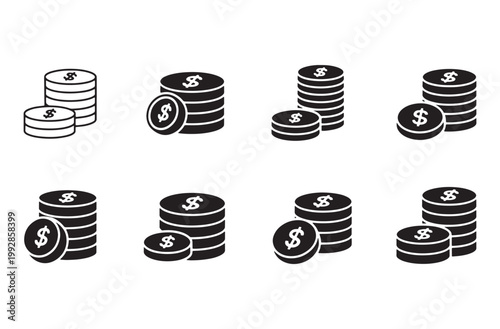 Set of coins stacked with dollar sign and a single coin in front in black and white vector format on a transparent background