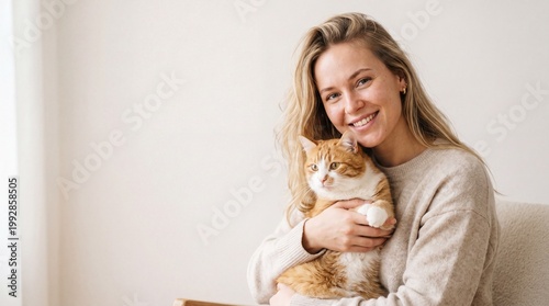 Caucasian woman with long blonde hair smiles while holding a fluffy orange cat in her arms, seated in a bright indoor space with soft lighting