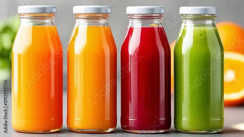 Healthy drinks are lined up on a table. Colorful bottles hold various juices and smoothies ready for anyone looking for a refreshing option.