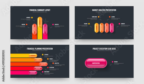 Market Proposal 3 4 5 1 Step Diagram Slide Template Bundle. Project Plan Three Four Five One Element Infographic Slideshow Design Vector Illustration Set.