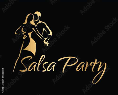 Elegant salsa party logo with stylized dancing couple in gold gradient on black background. Luxury latin dance design with flowing lines and dynamic movement. Perfect for dance events posters branding
