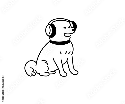 Minimal line art illustration of a dog wearing headphones, sitting, relaxing music concept