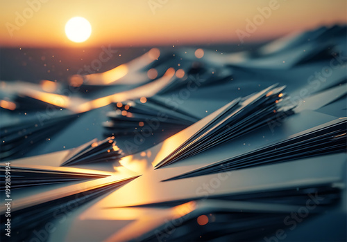 Abstract origami paper waves reflecting a warm sunset glow