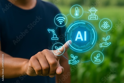 Person interacting with a futuristic ai interface in a natural outdoor setting with various icons
