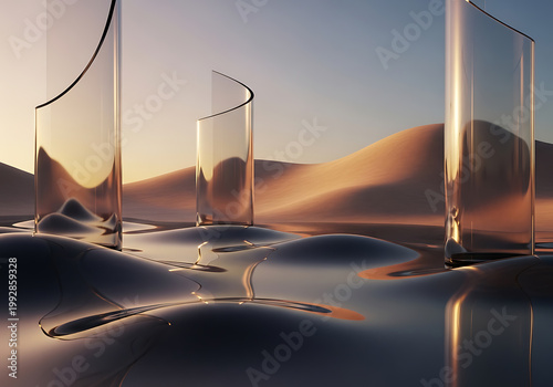 Abstract landscape with reflective glass structures and a flowing surface