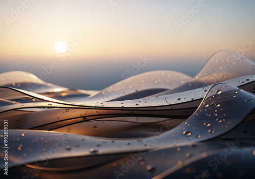 Abstract waves of translucent material reflecting a warm sunset glow
