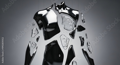 Futuristic Black Metallic Robot with Human Face Faces in Fragmented Pieces in Modern Studio