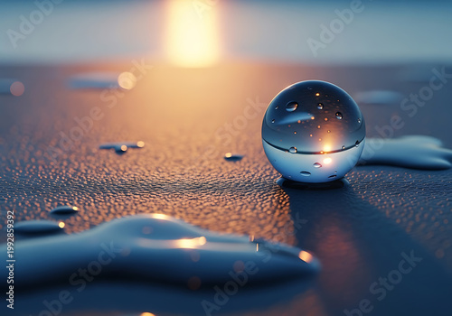 A clear glass orb reflects a golden sunset on a wet shore