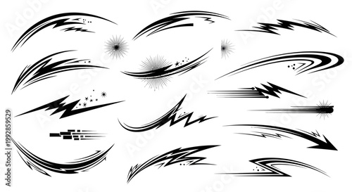 Foto Collection of dynamic black speed lines and explosive motion effects, isolated white background