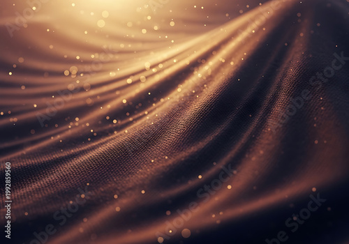 Abstract golden waves of light and particles flowing in a dark space