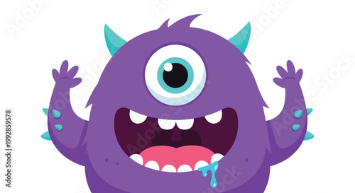 Friendly purple monster with one large eye and horns, smiling with its mouth wide open and arms raised in a fun and colorful cartoon image.