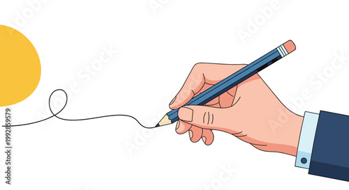 Hand in a formal suit sleeve drawing a continuous wavy line with a blue pencil towards a bright yellow sun on a clean white background.