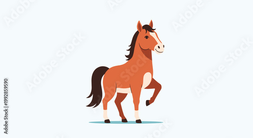 Brown horse standing with one front leg raised on a light blue background, showing its mane, tail, and hooves in a flat style illustration.