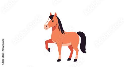 Brown horse with black mane and tail walks across a white background in a simple side view vector illustration.