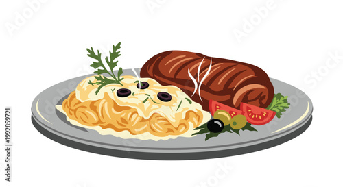 Delicious dinner plate with a large grilled steak and a portion of creamy spaghetti topped with olives and herbs.