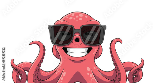 Fun portrait of a pink octopus wearing dark sunglasses and showing a wide toothy smile with its tentacles spread.