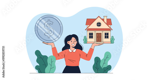 Woman balancing a large silver dollar coin and a small house on her palms, symbolizing real estate investment goals.