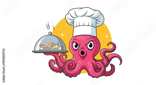 Grumpy pink octopus chef wearing a tall white hat and holding a silver platter with a steaming meal of seafood.