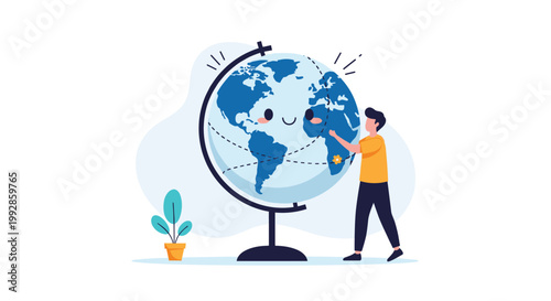 Caring young person hugs a giant globe with a friendly smiling face to symbolize global love and earth protection.